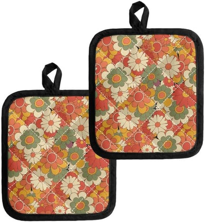 Groovy Flower Pot Holders 2 Sets, Hippie Floral Washable Potholder by Jndtueit