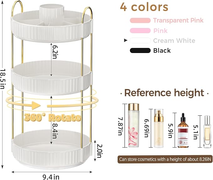 360° Rotating Makeup Organizer, Upgraded 3 Tier Skincare Perfume Organizers - Image 2