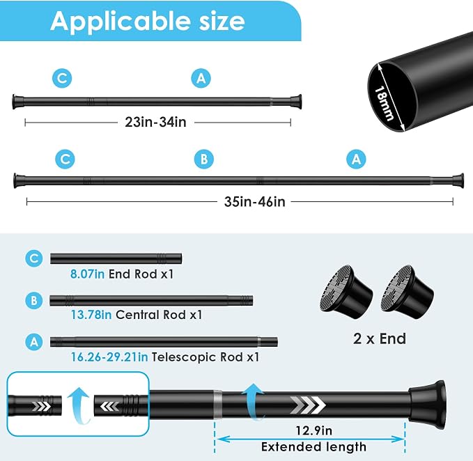 1Pcs Tension Curtain Rod 24 To 46 Inch Black Shower Curtain Rod No Drilling - Image 2