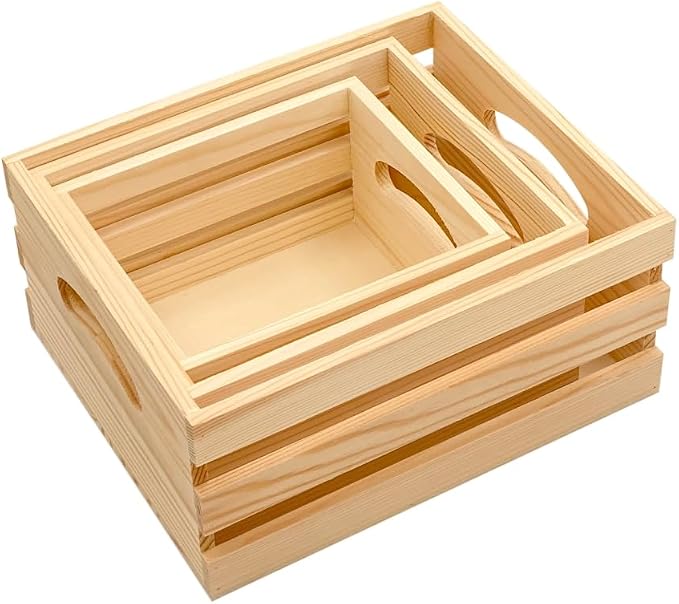 Set of 3 Wooden Pallet Crates Nesting Unfinished Wood Trays Storage - Image 5