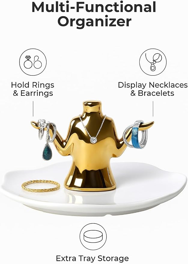 Gold Jewelry Holder with Tray – Ceramic Ring Dish, Earring Stand, Necklace & - Image 4