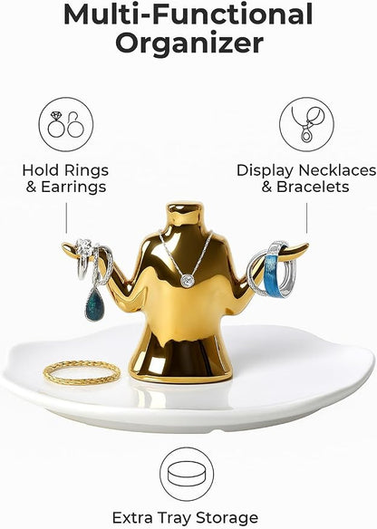 Gold Jewelry Holder with Tray – Ceramic Ring Dish, Earring Stand, Necklace & - Image 4