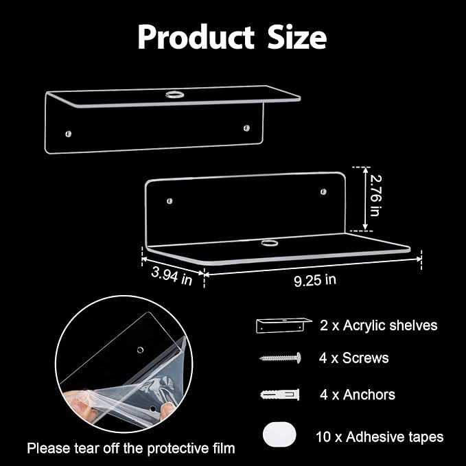 9 Inch Clear Acrylic Floating Shelf, No Drill Adhesive Wall Shelf Set of 2 - Image 3