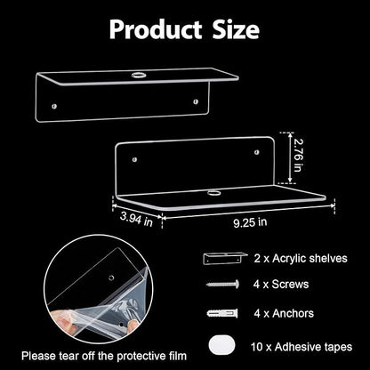 9 Inch Clear Acrylic Floating Shelf, No Drill Adhesive Wall Shelf Set of 2 - Image 3