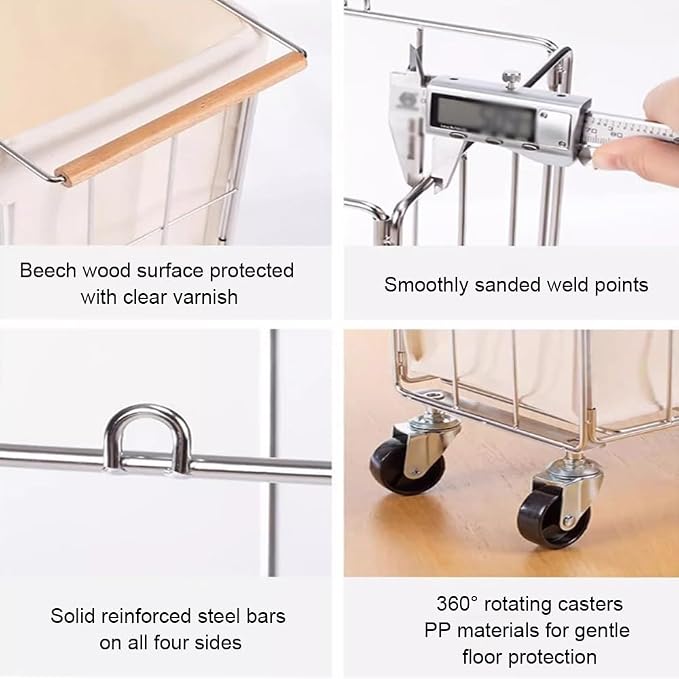 Rolling Laundry Cart with Baskets, Stainless Steel Hamper with Wheels, Slim - Image 8
