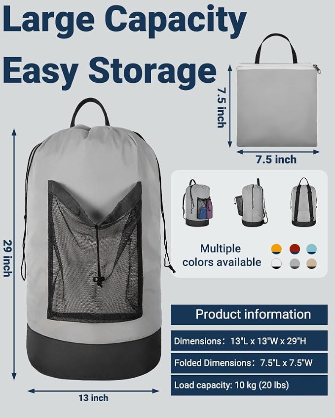 Laundry Bag with Shoulder Straps and Mesh Pocket Laundry Backpack Large - Image 2