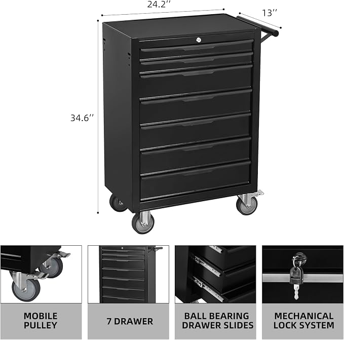7-Drawer Rolling Tool Chest Cabinet, Large Capacity Metal Tool Box - Image 3