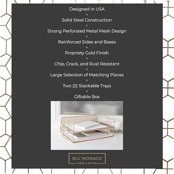BLU MONACO Gold Mesh Paper Tray – Set of 2 Stackable Letter Trays – Durable - Image 3
