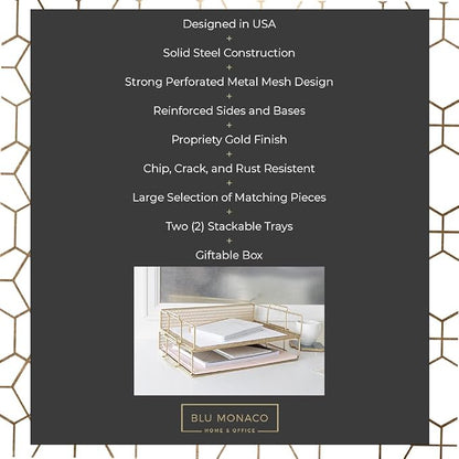 BLU MONACO Gold Mesh Paper Tray – Set of 2 Stackable Letter Trays – Durable - Image 3