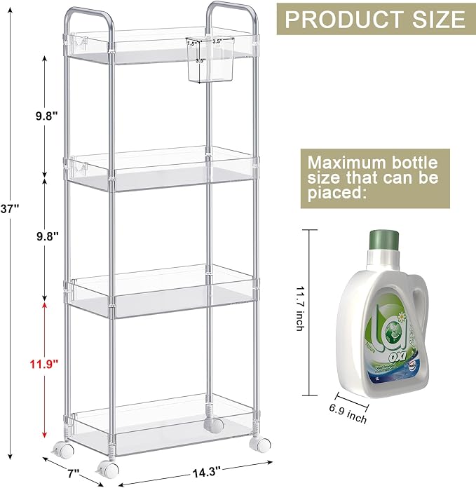 SPACEKEEPER Acrylic Rolling Storage Cart 4 Tier Clear Bathroom Cart Organizer - Image 2
