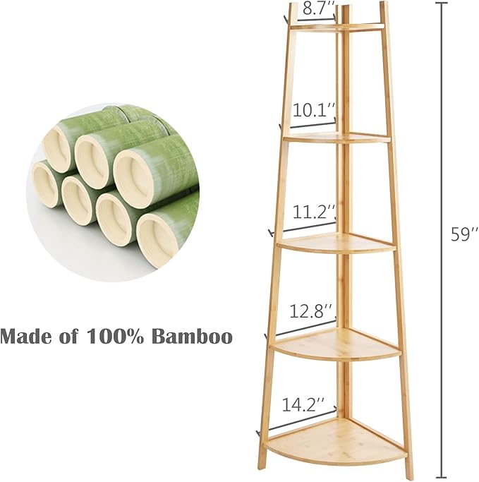 Bamboo Corner Shelf Stand for Display, 5-Tier Shelf for Organize - Image 3