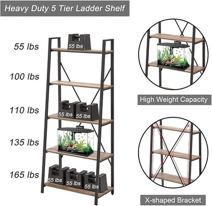 BON AUGURE Industrial 5 Tier Ladder Bookshelf, Wood and Metal Ladder Shelf - Image 3