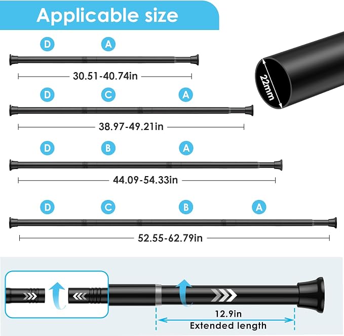 1Pcs Tension Curtain Rod 31 To 63 Inch Black Shower Curtain Rod No Drilling - Image 2