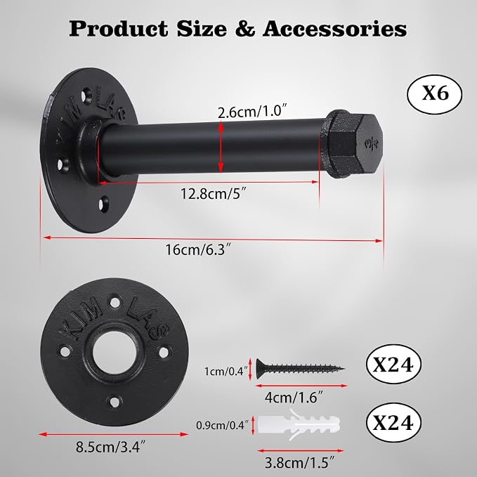 BTSKY 6 Pack Clothes Rack with Screws, 6 Inch Metal Industrial Pipe Clothes Bars - Image 3