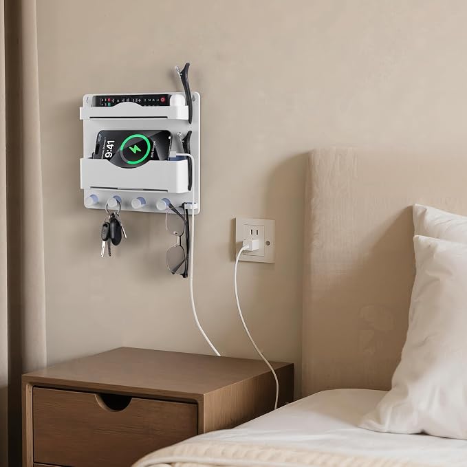Bedside Wall Shelf with Glasses Hooks, Adhesive Bedside Organizer Wall Mount - Image 2