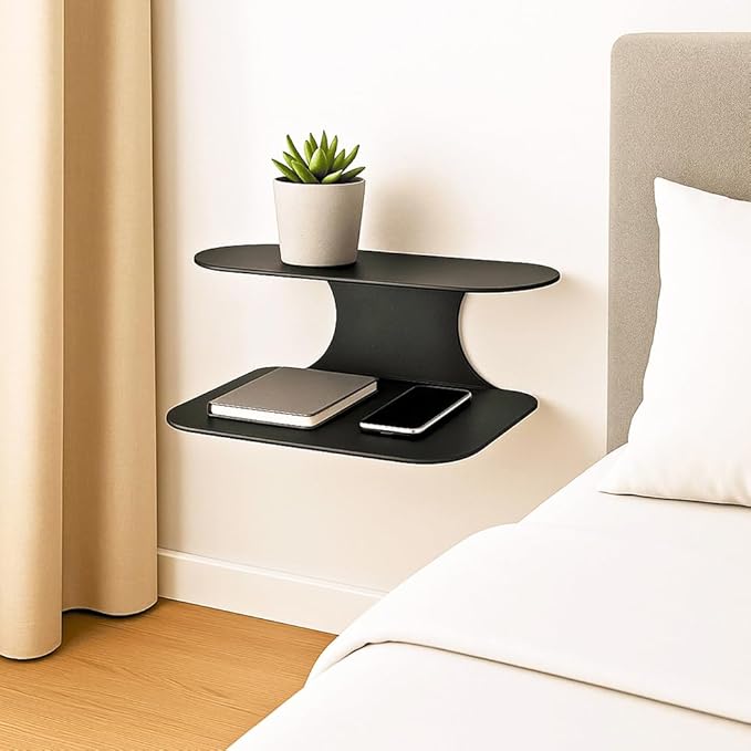 Simple Metal Floating Nightstands Set of 2, Wall Mounted Black Bedside Shelf - Image 4