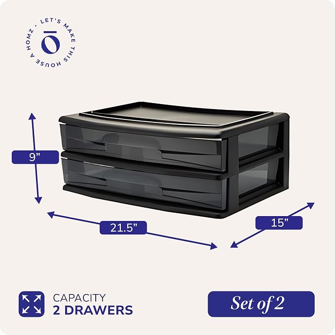 HOMZ 2-Pack 2-Drawer Storage Cart, Plastic Drawers - Image 2