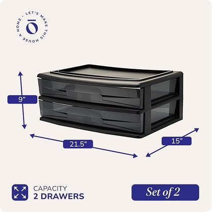 HOMZ 2-Pack 2-Drawer Storage Cart, Plastic Drawers - Image 2