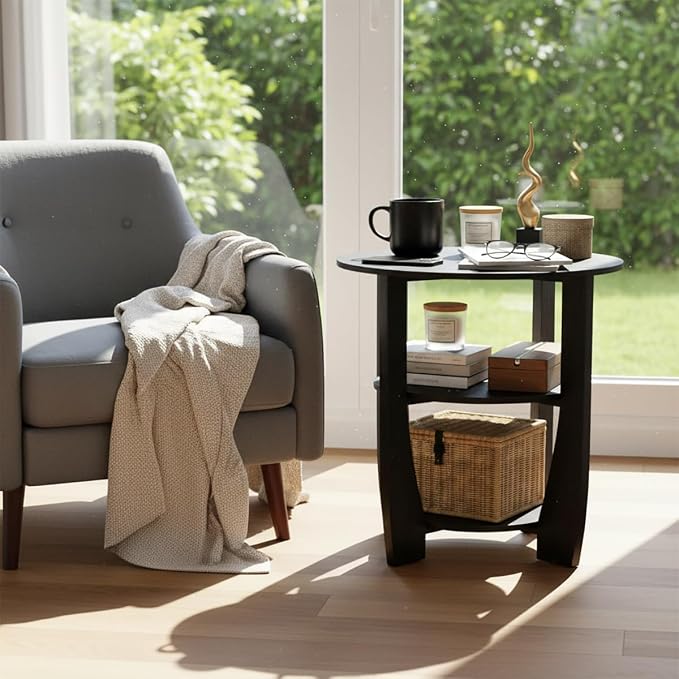 Round End Table with Storage Shelf, 3 Tier Modern Side Table, Sofa Recliner - Image 2