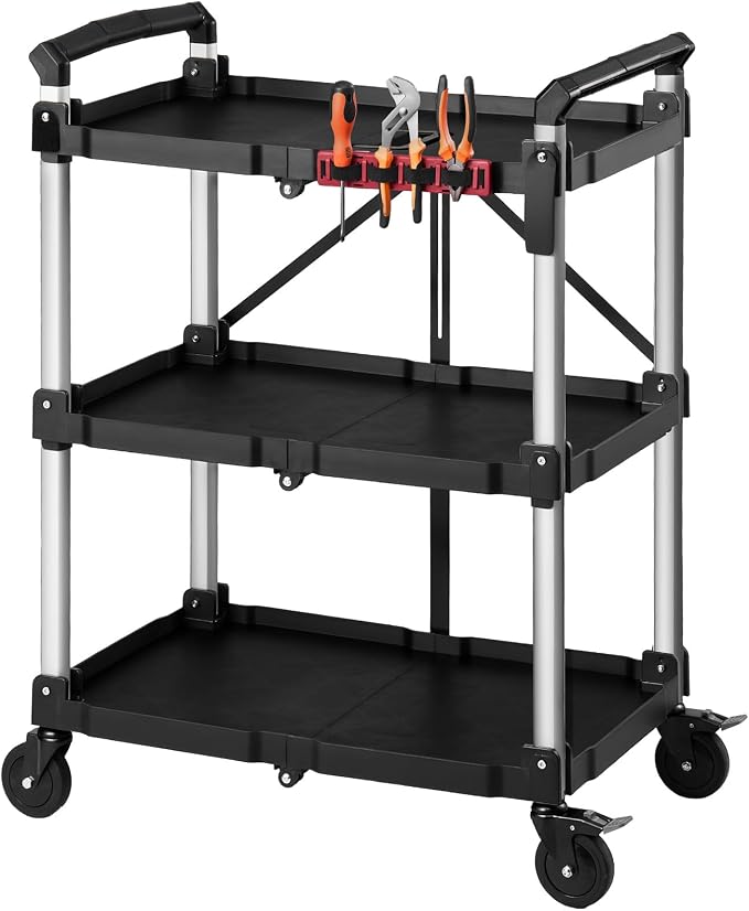 VEVOR 3 Shelf Heavy Duty Folding Jobsite Cart, 3 Tier Rolling Cart - Image 9