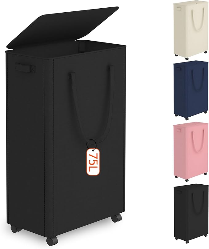Slim Laundry Hamper with Wheels, 20 Gal Rolling Laundry Basket with lid and by Vincona