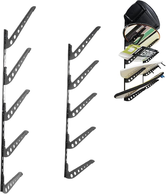 5 Board Surf Rack Wall Mount for Surfboard, Snowboard Storage Adjustable Wall by HIKULAOUTDOORSPORTS