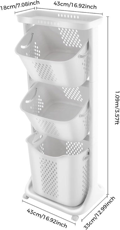 Rolling Laundry Hamper Storage Sorter, 3 Tier Rolling Laundry Hamper Cart White - Image 3