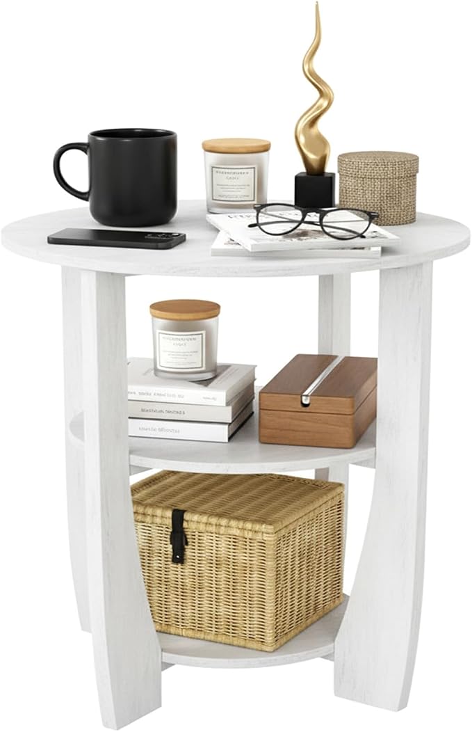 White Round Side Table, 3-Tier End Table by Zexvida