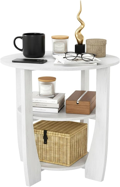 White Round Side Table, 3-Tier End Table by Zexvida