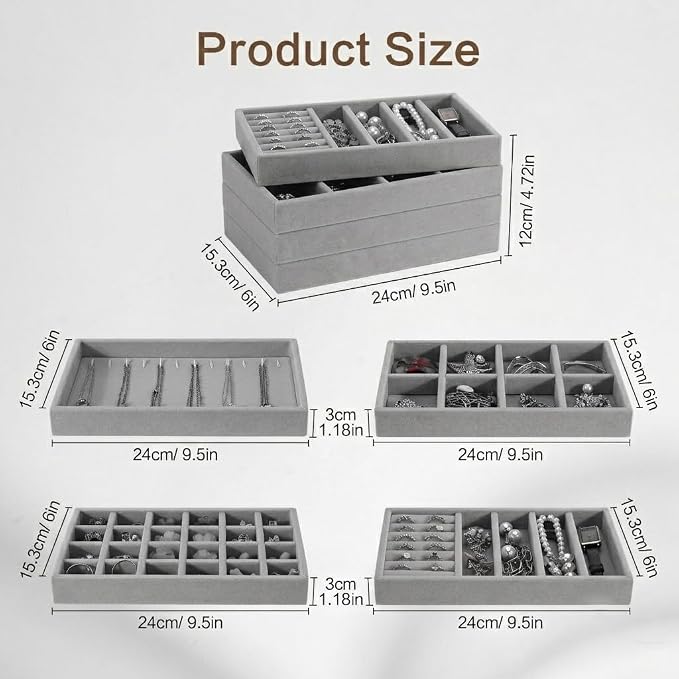 Velvet Jewelry Drawer Organizer – Four-Piece Stackable Jewelry Tray Set - Image 3