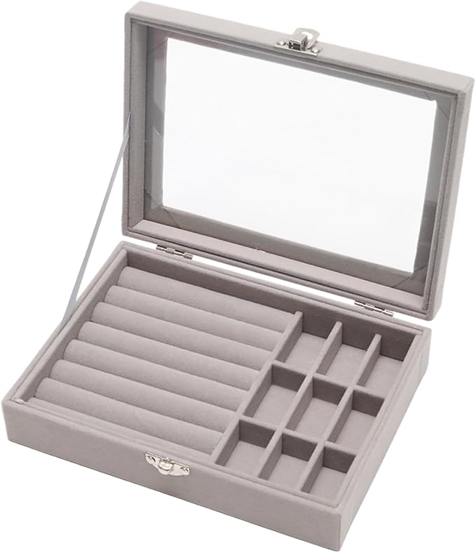 Small Velvet Jewelry Tray with Clear Lid, 2-in-1 Gray | Lockable Ring Earring by Unknown