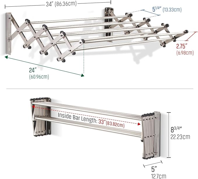 Smartsome | Wall Mounted | Clothes Drying Rack | 34" Wide | 22.5 Linear Feet - Image 2