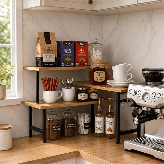 3-Tier Bamboo Corner Organizer Countertop Shelf | Extended top shelf, coffee - Image 5