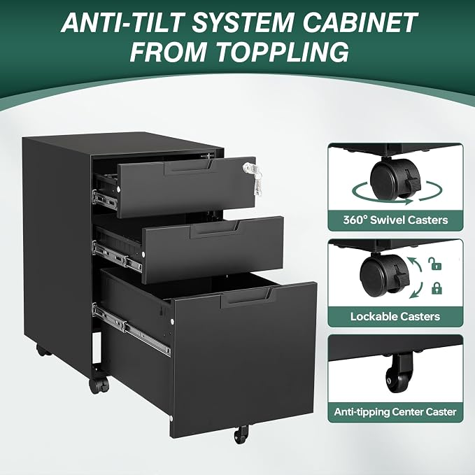 Mobile File Cabinet, 3 Drawer Locking Storage Filing Cabinet, Office Metal - Image 8