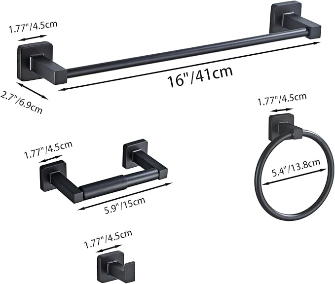 Matte Black Bathroom Hardware Set 4 Pieces, Towel Bar Set Stainless Steel Wall - Image 7