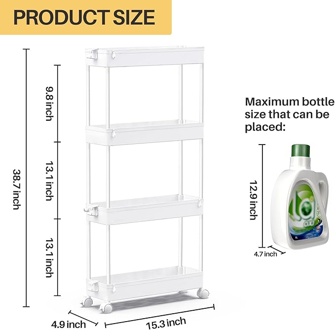 SPACEKEEPER Slim Rolling Storage Cart, 4 Tier Bathroom Cart Organizer, Mobile - Image 4