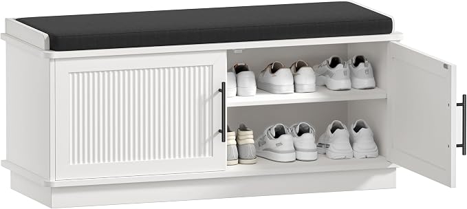 Akxomel 39.4" Fluted Shoe Storage Bench 2 Doors Wooden Entryway Bench White | 2 - Image 9