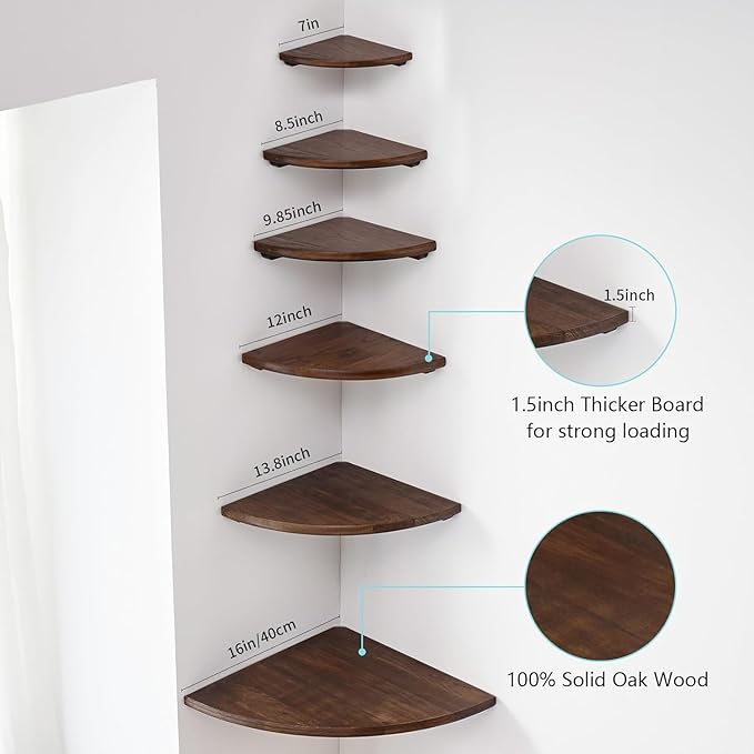 Corner Shelf, Solid Oak Wood Floating Corner Shelf Wall Mount Round End - Image 6