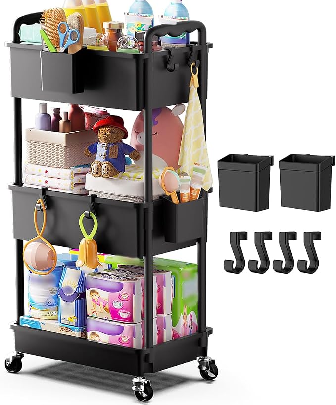 Goovilla Diaper Cart with Lockable Wheels and Easy Assembly, 3 Tier Black by Goovilla
