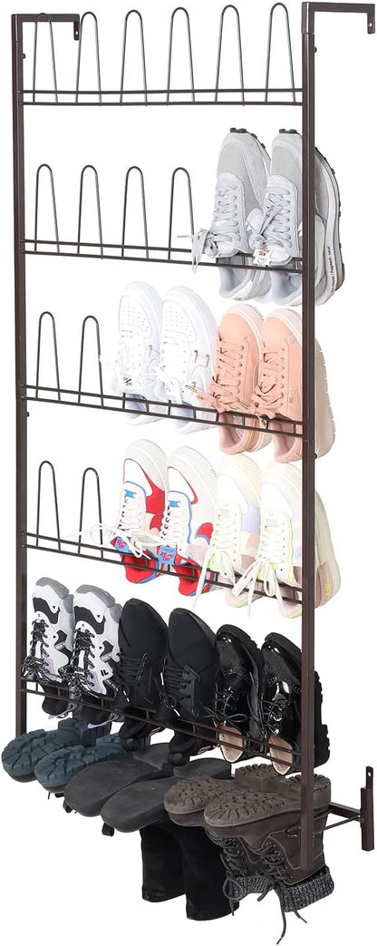MyGift 5-Tier Wall Mounted Dark Brown Metal 18 Pair Boot and Shoe Storage Rack - Image 4