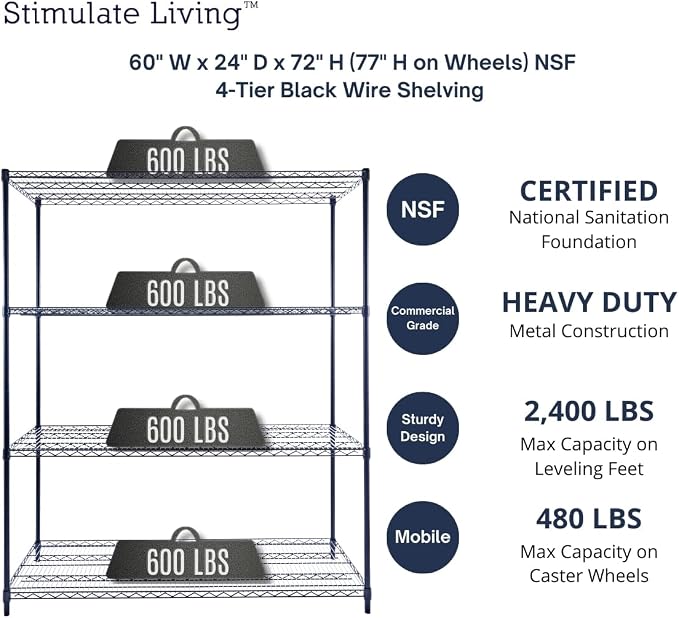 60"x24"x72" PRIME HEAVY DUTY Black 4-Tier Wire Shelving NSF 2400 LBS MAX - Image 3