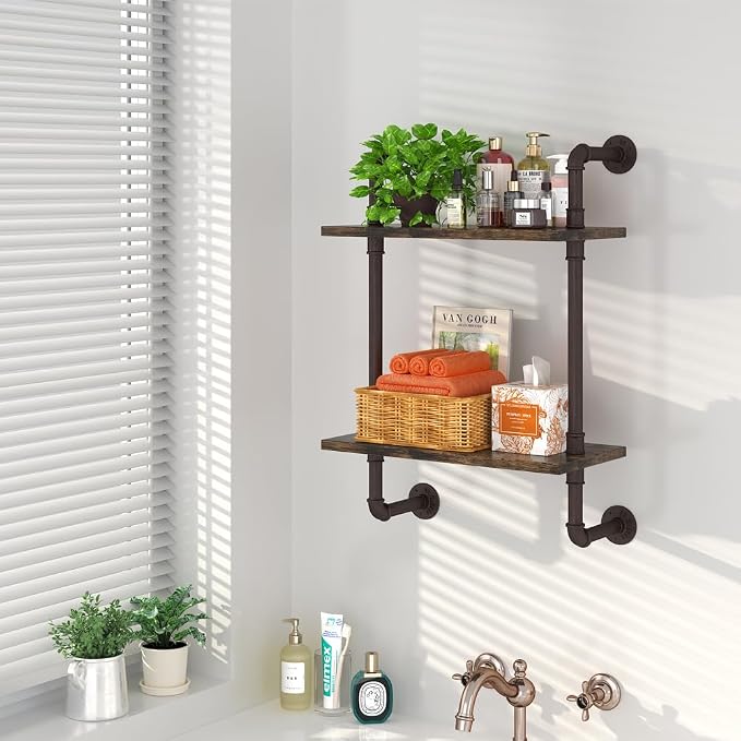 Helsin 2 Tier Industrial Pipe Floating Bathroom Shelves, 16inch Rustic Wood - Image 2