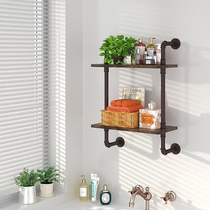 Helsin 2 Tier Industrial Pipe Floating Bathroom Shelves, 16inch Rustic Wood - Image 2