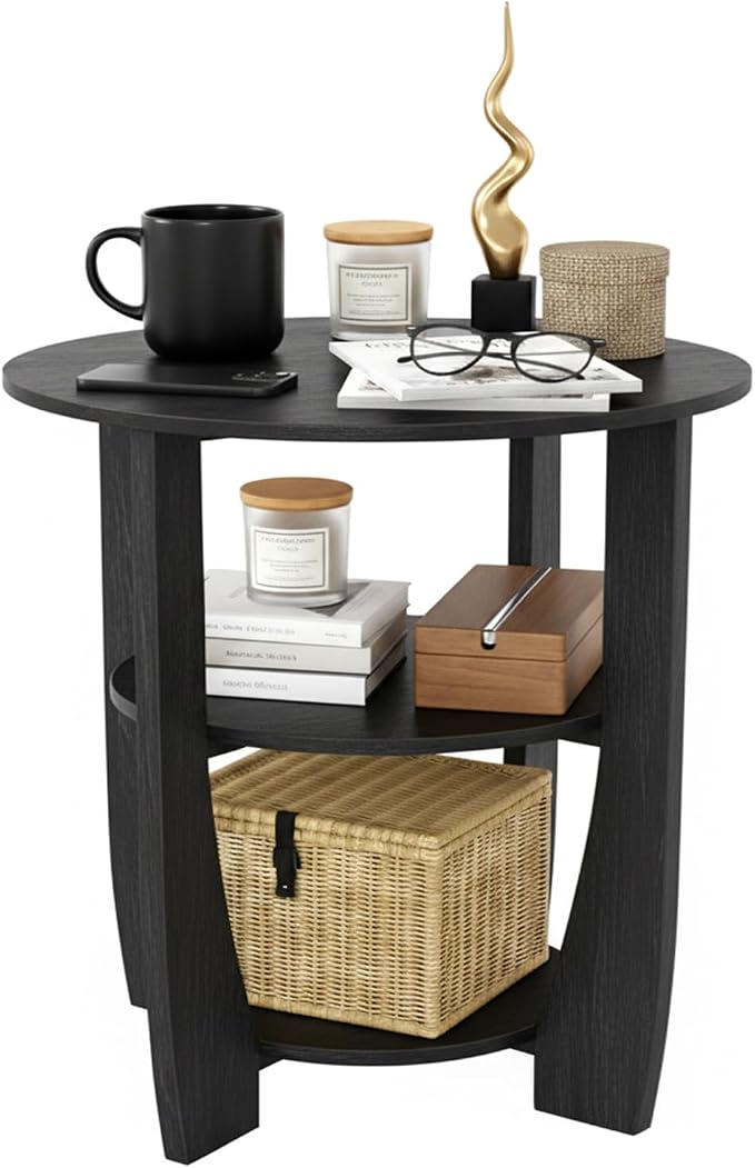 Round End Table with Storage Shelf, 3 Tier Modern Side Table, Sofa Recliner by Zexvida