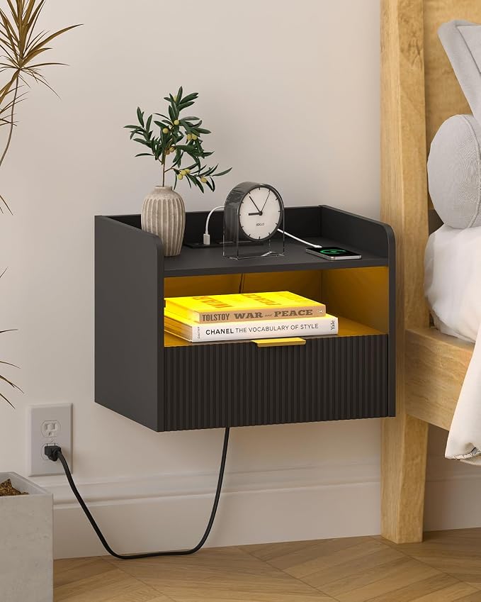 White Floating Nightstand with Charging Station and LED Lights by Unknown