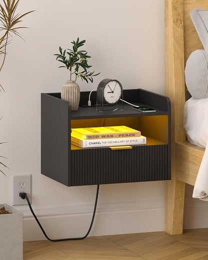 White Floating Nightstand with Charging Station and LED Lights by Unknown