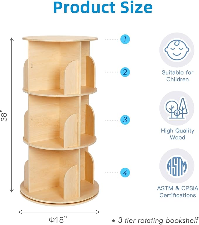 OOOK Kids Rotating Bookshelf, 3 Tier Corner Bookshelf - Image 7