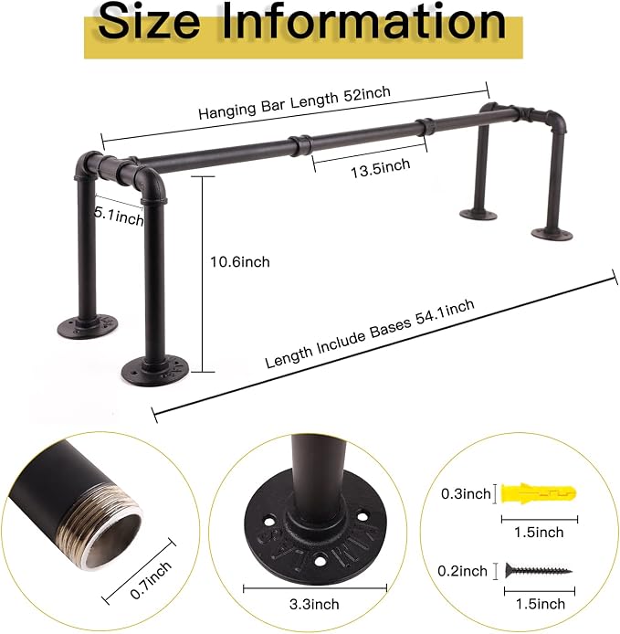 54” Wall Mounted Clothes Rack, Industrial Pipe Black Iron Garment Bar, - Image 6