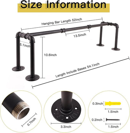 54” Wall Mounted Clothes Rack, Industrial Pipe Black Iron Garment Bar, - Image 6