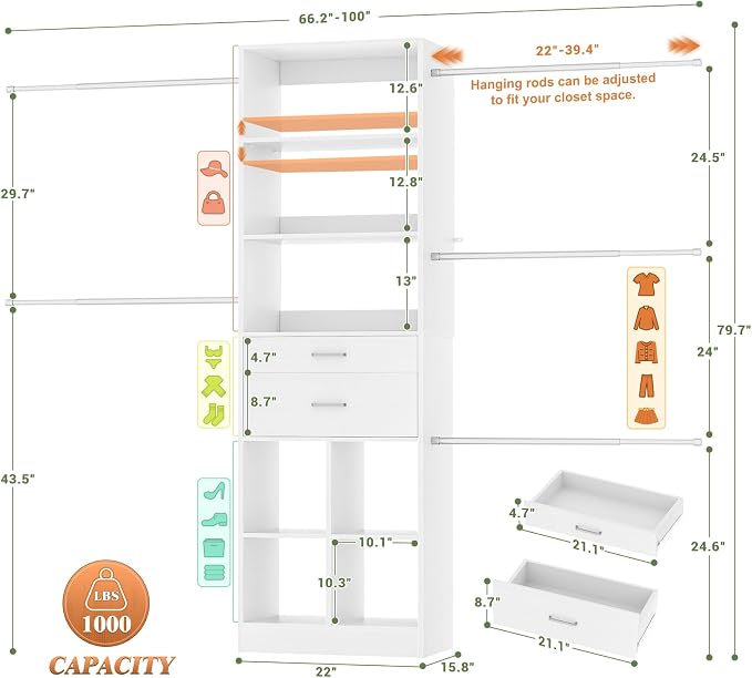 Besiost Closet System, 4-8 FT Closet Organizer Tower - Image 3